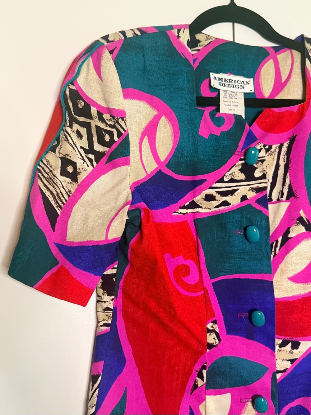 VINTAGE Teal & Pink Abstract American Design Dress - Picture 3 of 4